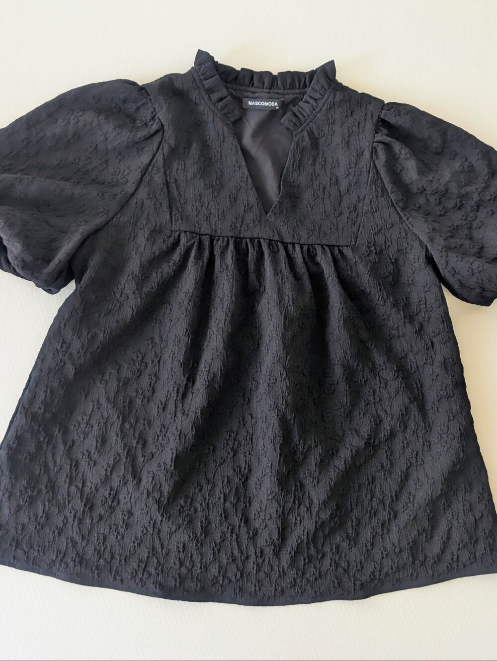 Mascomoda V-Neck Textured Puff Sleeve Babydoll Blouse Top Sz M Black